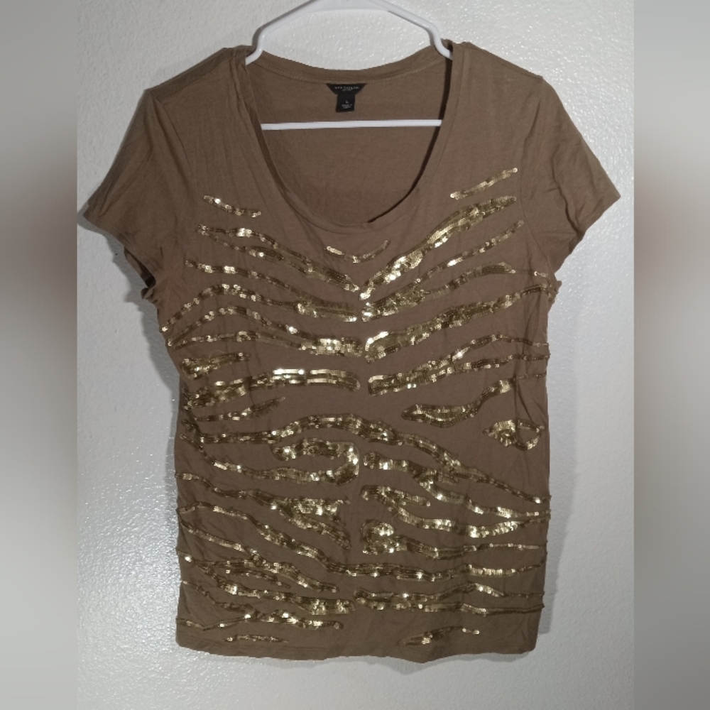 Ann Taylor Brown Tee with Gold Sequins
